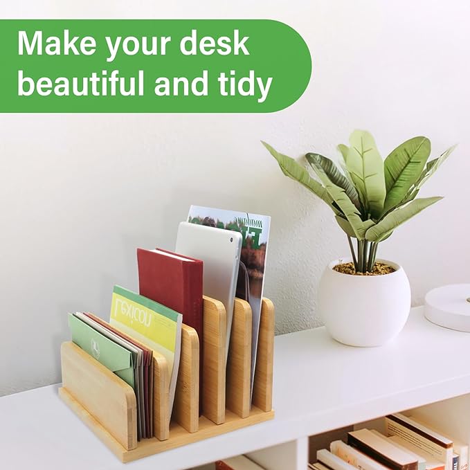 Desk File Mail Organizer Countertop, 5 Slots Bamboo Folder Sorter Holder - Image 5