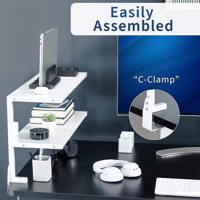 VIVO White Clamp-on 24 inch 2-Tier Desk Shelf, STAND-SHELF24C-W | Above or - Image 5