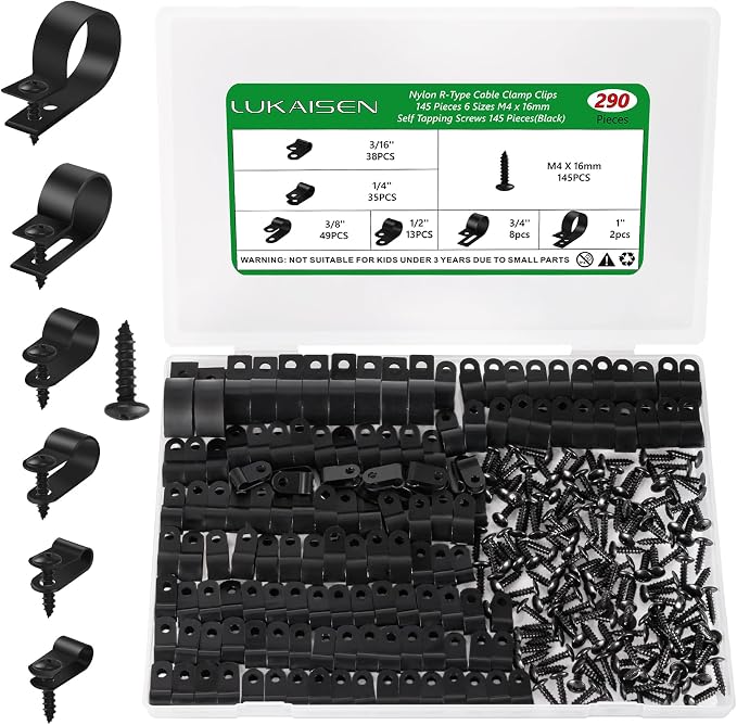 Cable Clips for Cable Management Cord Organizer, 6 Sizes 290 PCS Nylon R-Type by LuKaiSen
