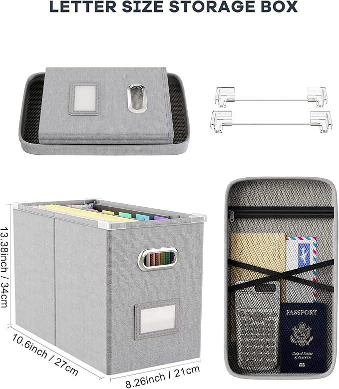 Oterri File Organizer Box with Lid, Hanging Filing File Box with Mesh Pocket - Image 2