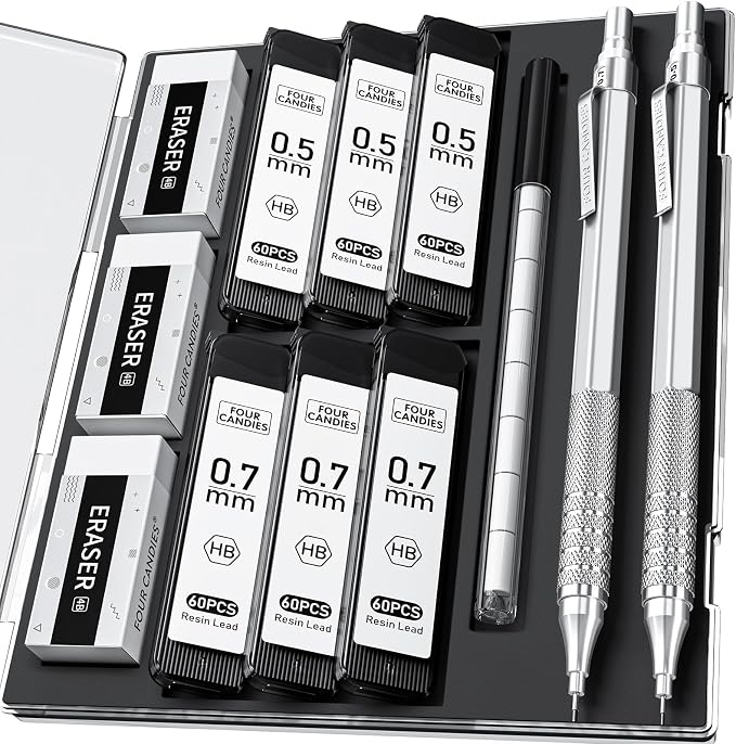 Four Candies 2PCS 0.5mm & 0.7 mm Metal Mechanical Pencils Set, 12 Erasers by FourCandies