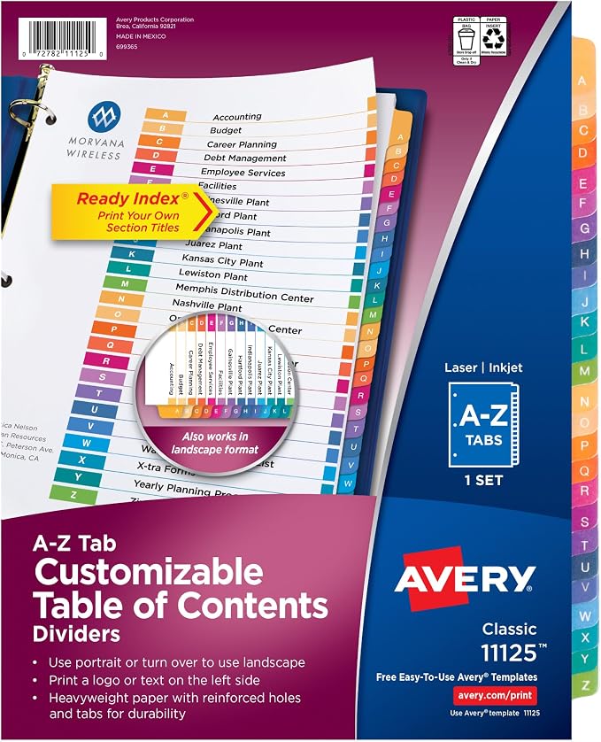 Avery A-Z Dividers for 3 Ring Binders, 26 Tabs per Set, Customizable Table of by Avery