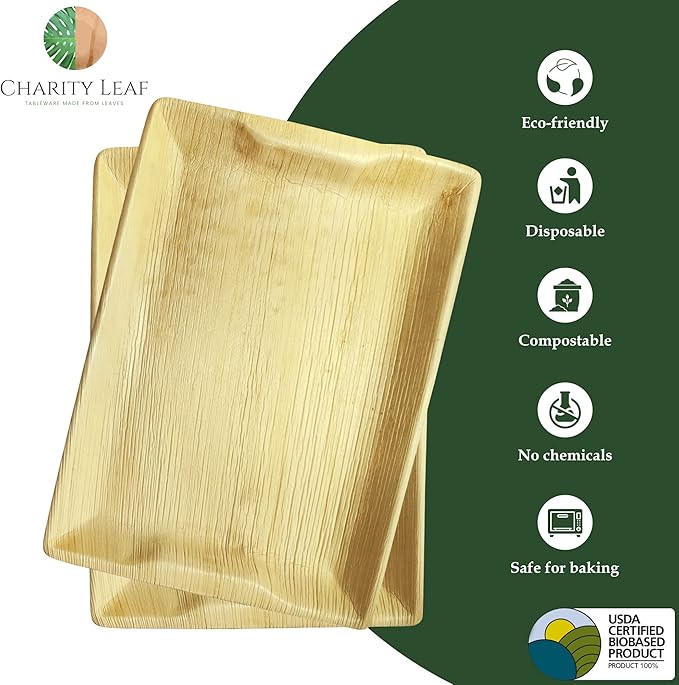 Charity Leaf Disposable Palm Leaf 14" x 10" Trays Bamboo Like Serving Platters - Image 2