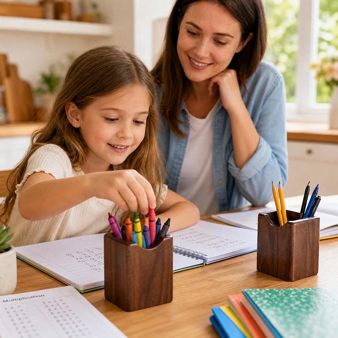 Wooden Pen Holder for Desk, 2 Pack Natural Wood Pencil Cup Holder – Office Desk - Image 3