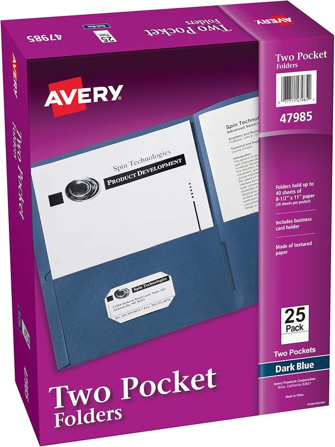 Avery Two Pocket Folders, Holds up to 40 Sheets, Business Card Slot, by Avery