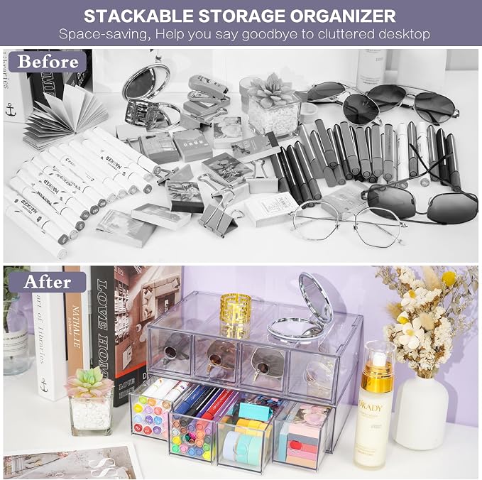 Desk Organizer with 12 Drawers, FODIENS 3 Packs Stackable Desktop Storage Box - Image 6
