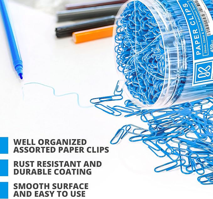 Kempshott 450 Blue Color Paper Clips Assorted Sizes Small, Medium and Large - Image 3