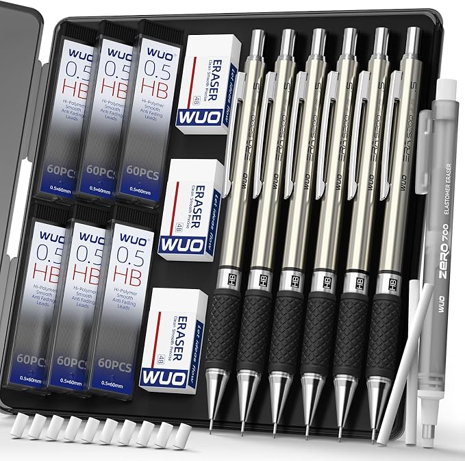 WUO 0.5mm Mechanical Pencil Set in Storage Case, 1 Eraser Pen, 12 Eraser Refills by WUO