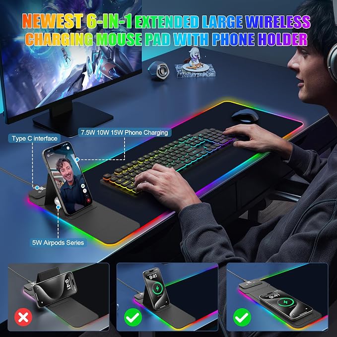 RGB Mouse Pad with Foldable Phone Stand & Wireless Charger, 31.5"x11.8" XL - Image 3