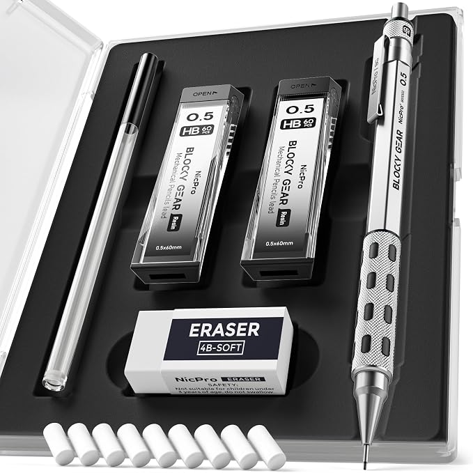 Nicpro Blocky Gear 0.5 mm Mechanical Pencil Set in Case, Metal Pencil by Nicpro