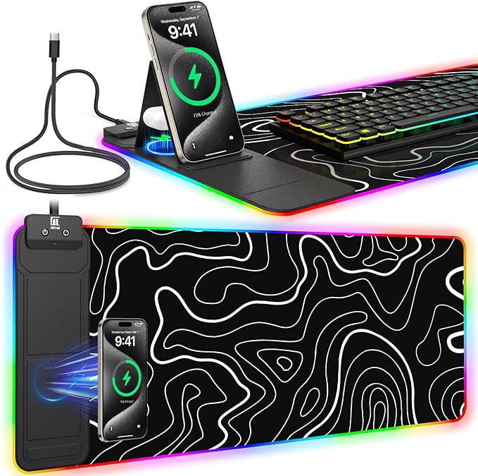 RGB Mouse Pad with Foldable Phone Stand Wireless Charger, 31.5"x11.8" XL Gaming by miroddi