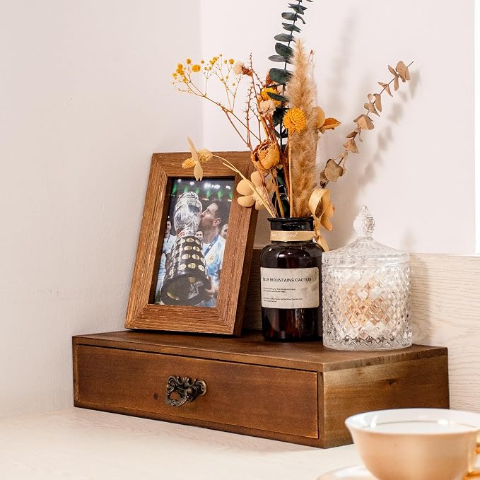 Office Desk Organizer with Drawers Light Brown Vintage Wood Desktop Storage Box - Image 6