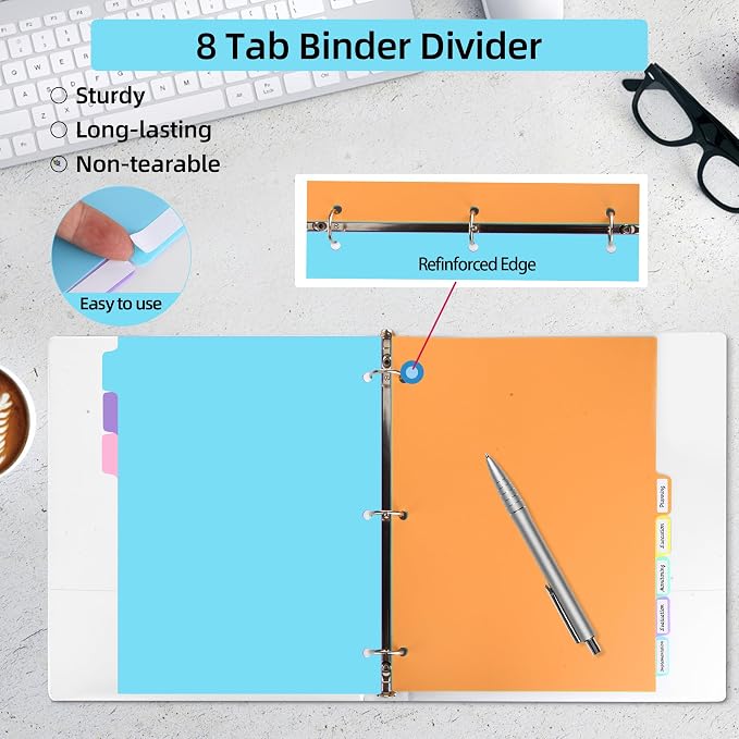 3 Ring Binder Dividers with TAB, 8 Tab 3 Hole Punch Dividers, Pastel Color - Image 4