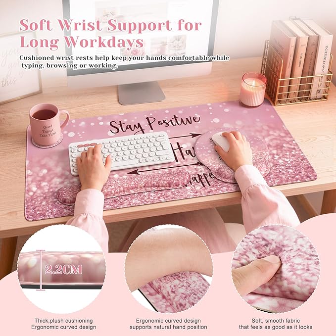 iCasso Mouse Pad, Large Pink Desk Mat Set, 4in1 XXL Mousepad + Keyboard Wrist - Image 4