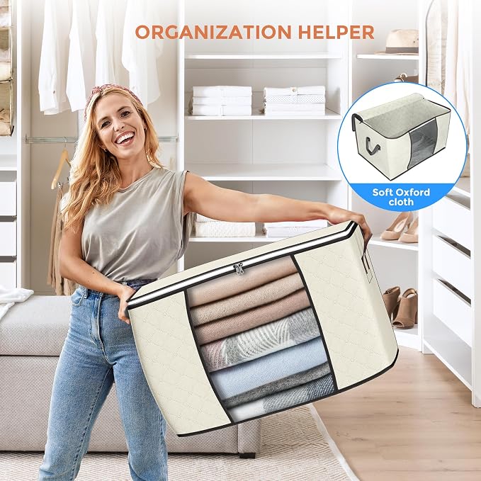 90 L Large Storage Bags, 6 Pack Clothes Storage Bins Foldable Closet Organizers - Image 6