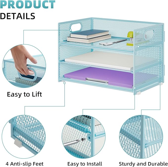Marbrasse 3 Tier Paper Organizer Letter Tray, Mesh File Organizer - Image 4