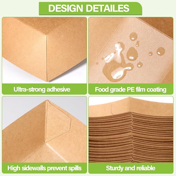 100 Pack 3lb Heavy Duty Paper Food Trays Kraft Leak Proof Paper Food Boats - Image 5