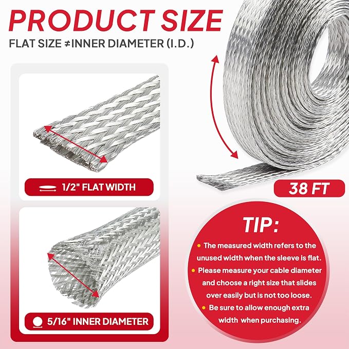 1/2" Wide Tinned Copper Braided Metal Wire Shielding Sleeve Ground Strap - Image 3
