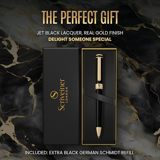 Scriveiner Black Lacquer Ballpoint Pen -Stunning Luxury Pen, Real Gold Plating - Image 3
