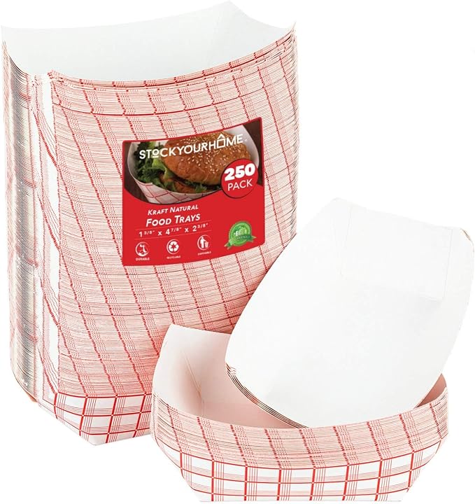 Small Paper Food Boats – 1 lb Disposable Red & White Checkered Paper Trays by StockYourHome