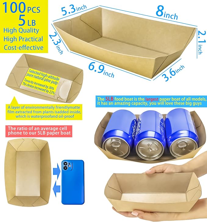 100 Pack 5LB Extra Large Paper Food Boats Trays Disposable Paper Boat, Heavy - Image 2