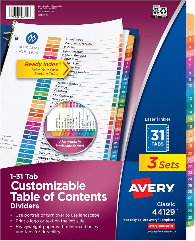 Avery 1-31 Dividers for 3 Ring Binders, 31 Tabs per Set, Customizable Table of by Avery