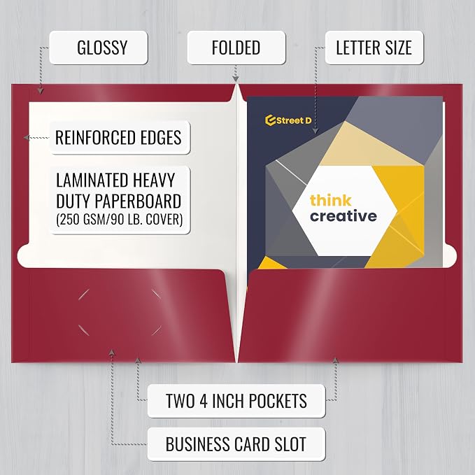 Better Office Products 2 Pocket Glossy Laminated Burgundy Red Paper Folders - Image 2
