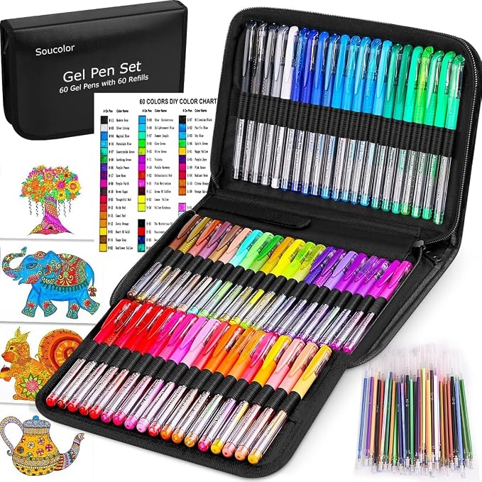 Soucolor Gel Pens for Adult Coloring Books, Deluxe 120 Pack-60 Colored Gel Pens by Soucolor