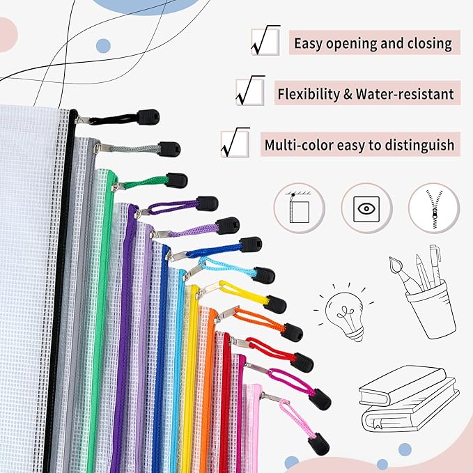 EOOUT 72pcs Mesh Zipper Pouch, A4 Size, 12 Colors Zipper Bags - Image 3