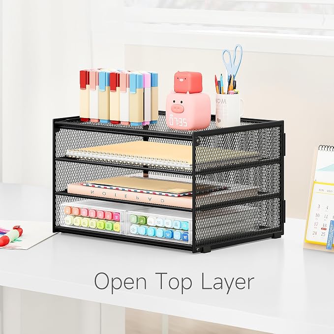 Lavatino 3-Tier Letter Tray Desk Paper Organizer – Black Mesh Metal File Tray - Image 6