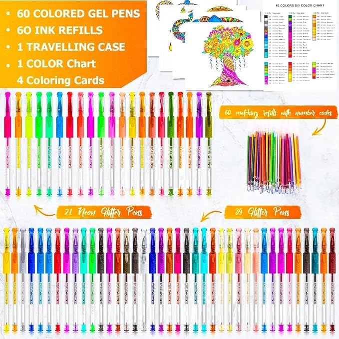 Soucolor Glitter Gel Pens for Adult Coloring Books, 120 Pack-60 Glitter Pens - Image 2