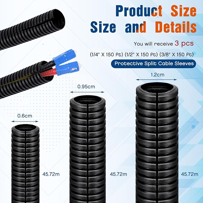 Sasylvia 1/4", 3/8" x 150ft Split Wire Loom Tubing Assortment Black Flexible - Image 2