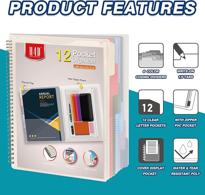 H4D 12 Pocket Morandi Color Spiral Multi Pocket Folder Poly Project Organizer - Image 3