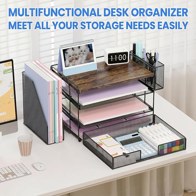 OPNICE Wood Desk Organizers and Accessories, 4-Tier Desktop Paper Letter Tray - Image 3