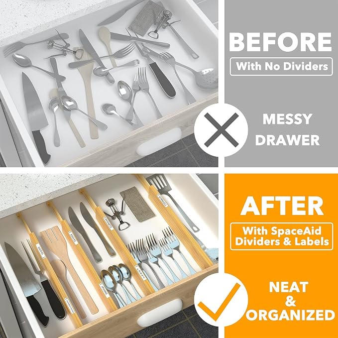 SpaceAid Bamboo Drawer Dividers Kitchen Adjustable Drawer Organizers, - Image 3