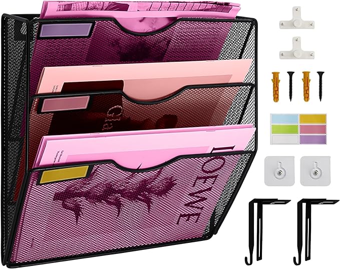 3 Pockets Mesh Wall File Holder Organizer Office Hanging File Folder Magazine by ideallife