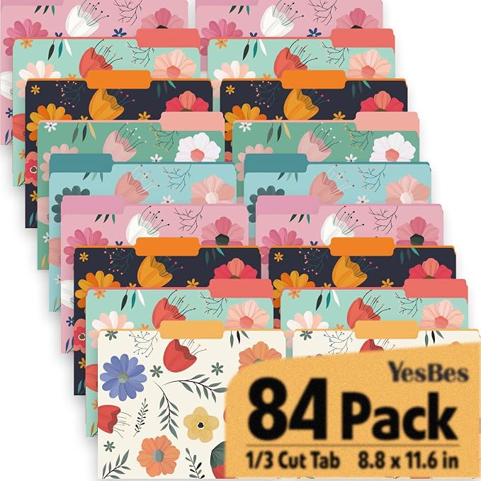 84 Pack Decorative File Folders, 1/3 Cut Tab Floral Colored Folders Letter Size by YesBes