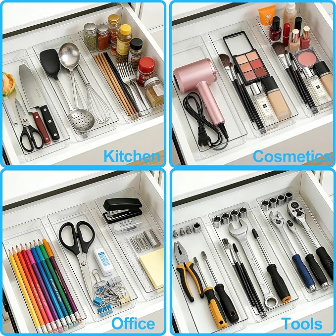Manalete 8 Pack 15"x6" Extra Large Clear Plastic Drawer Organizer Trays - Image 7