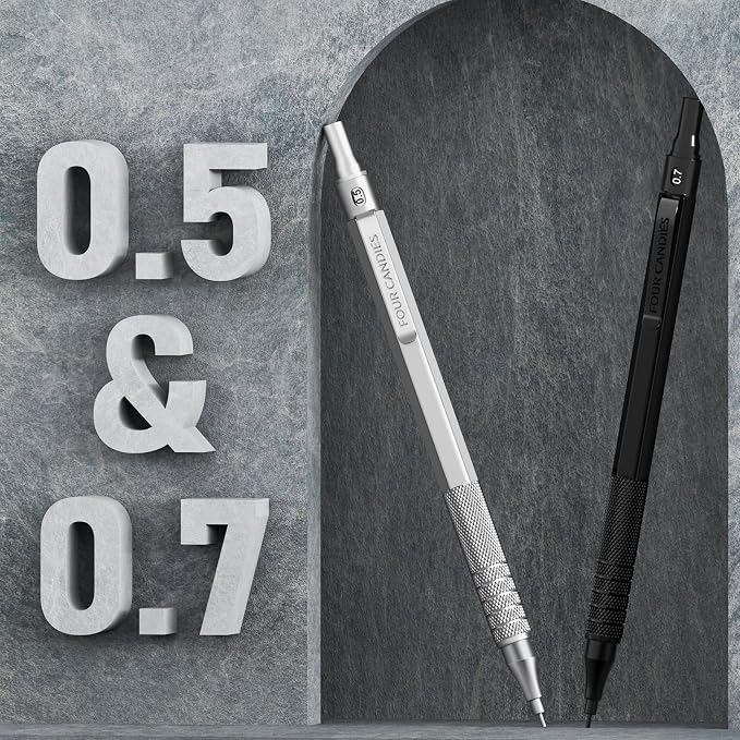 Four Candies 2PCS 0.5mm & 0.7 mm Metal Mechanical Pencils Set, 12 Erasers - Image 7