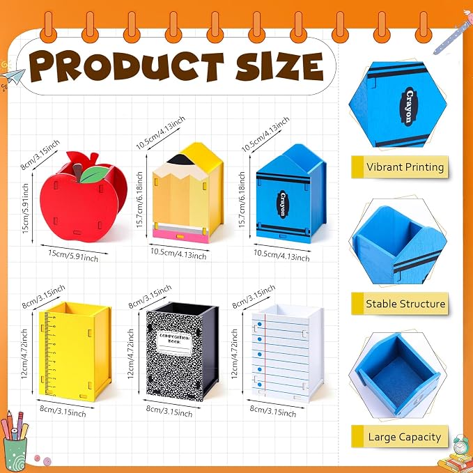 Crtiin 6 Pack Back to School Gifts Wooden Pencil Holders Crayon Ruler Apple - Image 3