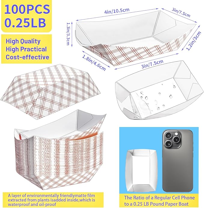 100 Pack Checkered 1/4Lb Small Paper Food Boat Trays, Mini Disposable Paper - Image 2