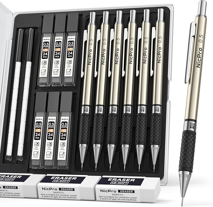 Nicpro 0.5 mm Art Mechanical Pencils Set in Case, 3 Erasers by Nicpro