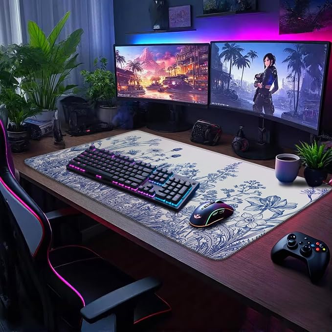 Narcissus Blue Floral Large Gaming Mouse Pad 31.5"x15.7"｜ Flower XXL Desk Mat - Image 6