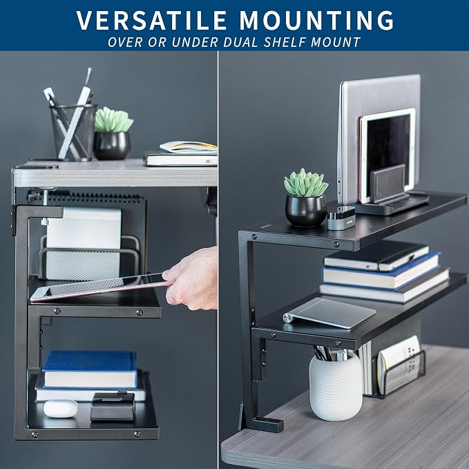 VIVO Black Clamp-on 24 inch 2-Tier Desk Shelf, STAND-SHELF24C | Above or Below - Image 4