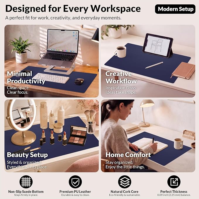 AFIING Cork Desk Mat, Sapphire Blue, 35.4" x 17" | Natural Cork & PU Leather - Image 6