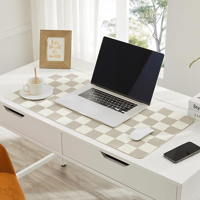 Ohocut Checkered Desk Mat, 31.5" x 15.7" Large Cute Beige Khaki Aesthetic Retro - Image 3