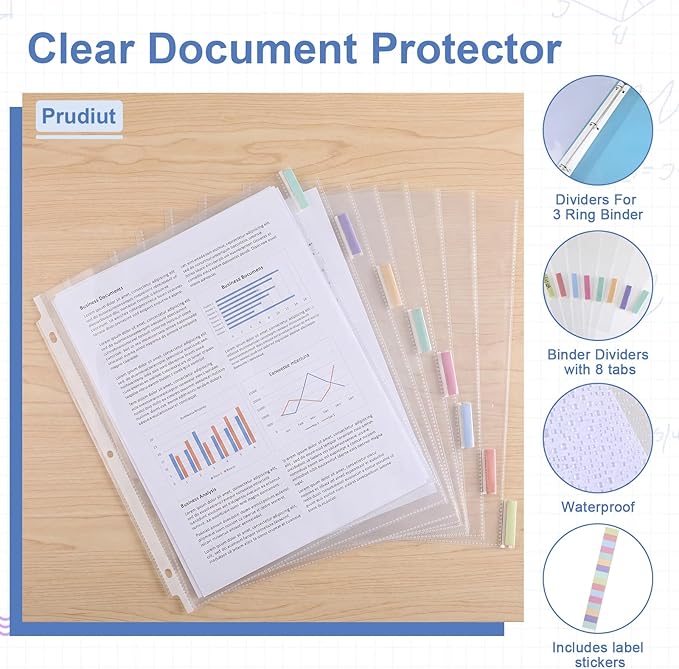 10 Sets 80Pcs Clear Sheet Protector Sleeves, Plastic 3 Ring Binder Dividers | - Image 4
