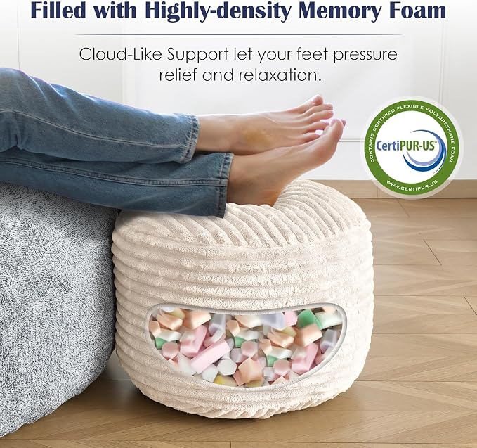 SHOUREN Stuffed Round Ottoman, Corduroy Pouf Ottoman Foot Rest - Image 3