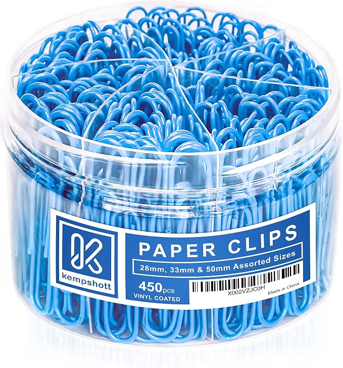 Kempshott 450 Blue Color Paper Clips Assorted Sizes Small, Medium and Large by Kempshott%C2%AE