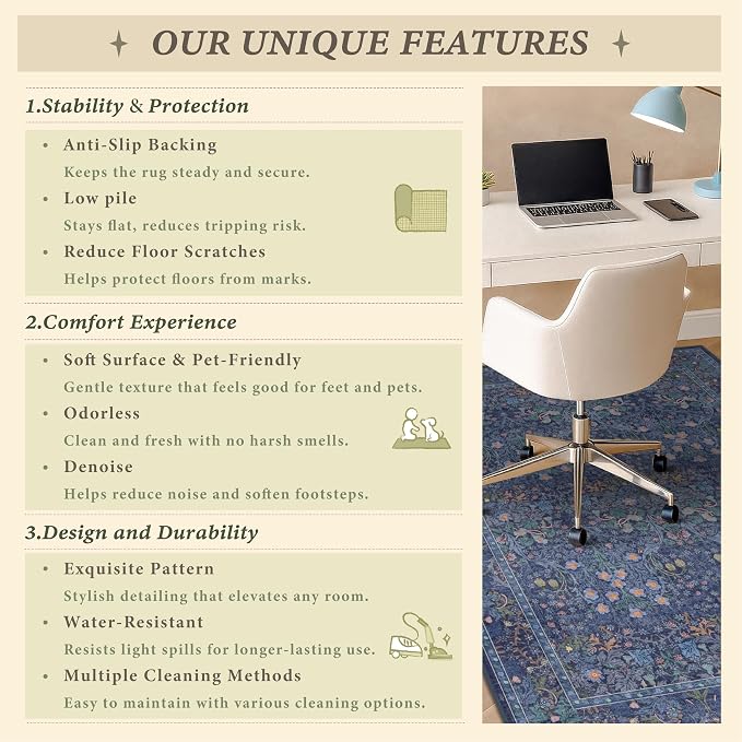 JTJ Office Chair Mat for Hardwood Floors 36" x 48", Boho Under Desk Rug - Image 9